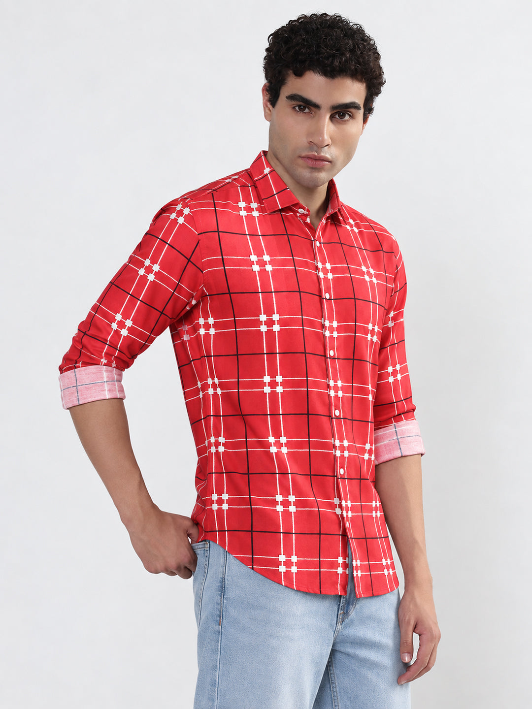 Men’s Windowpane Checked Red Slim Fit Long Sleeves Casual Shirt