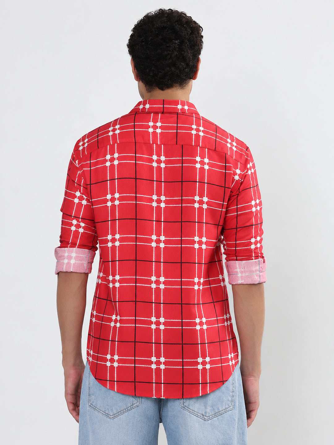 Men’s Windowpane Checked Red Slim Fit Long Sleeves Casual Shirt
