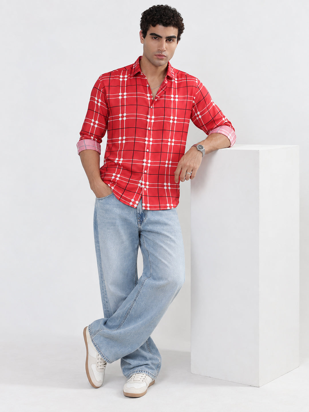 Men’s Windowpane Checked Red Slim Fit Long Sleeves Casual Shirt