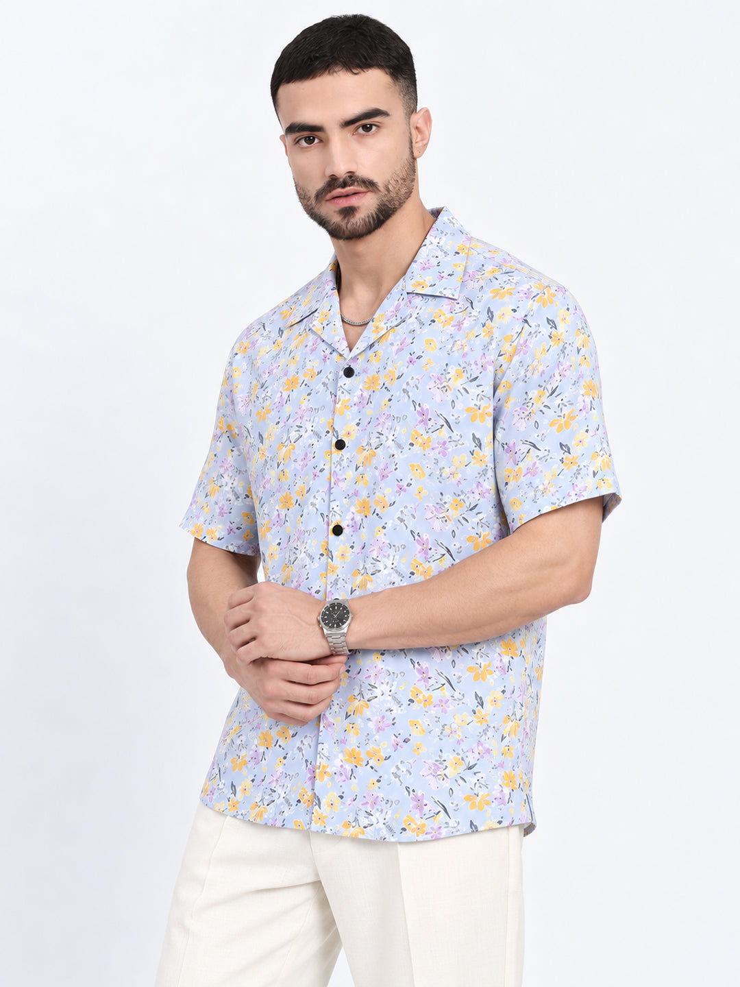 Men’s Floral Printed Blue Short Sleeves Shirt