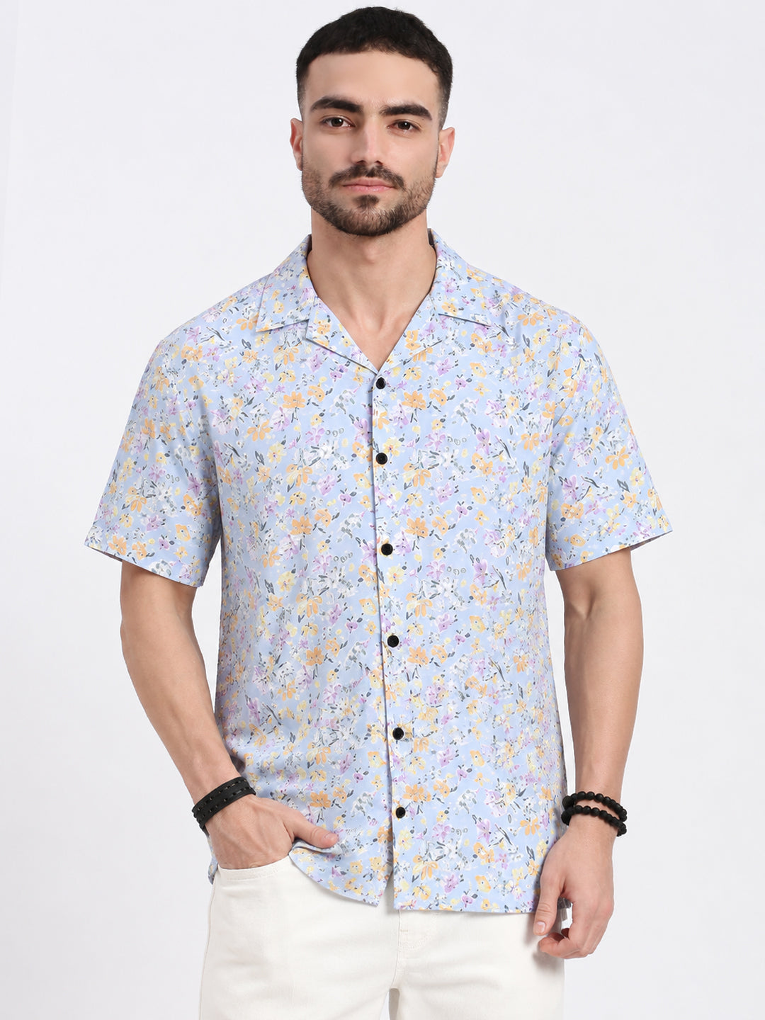 Men’s Floral Printed Blue Short Sleeves Shirt
