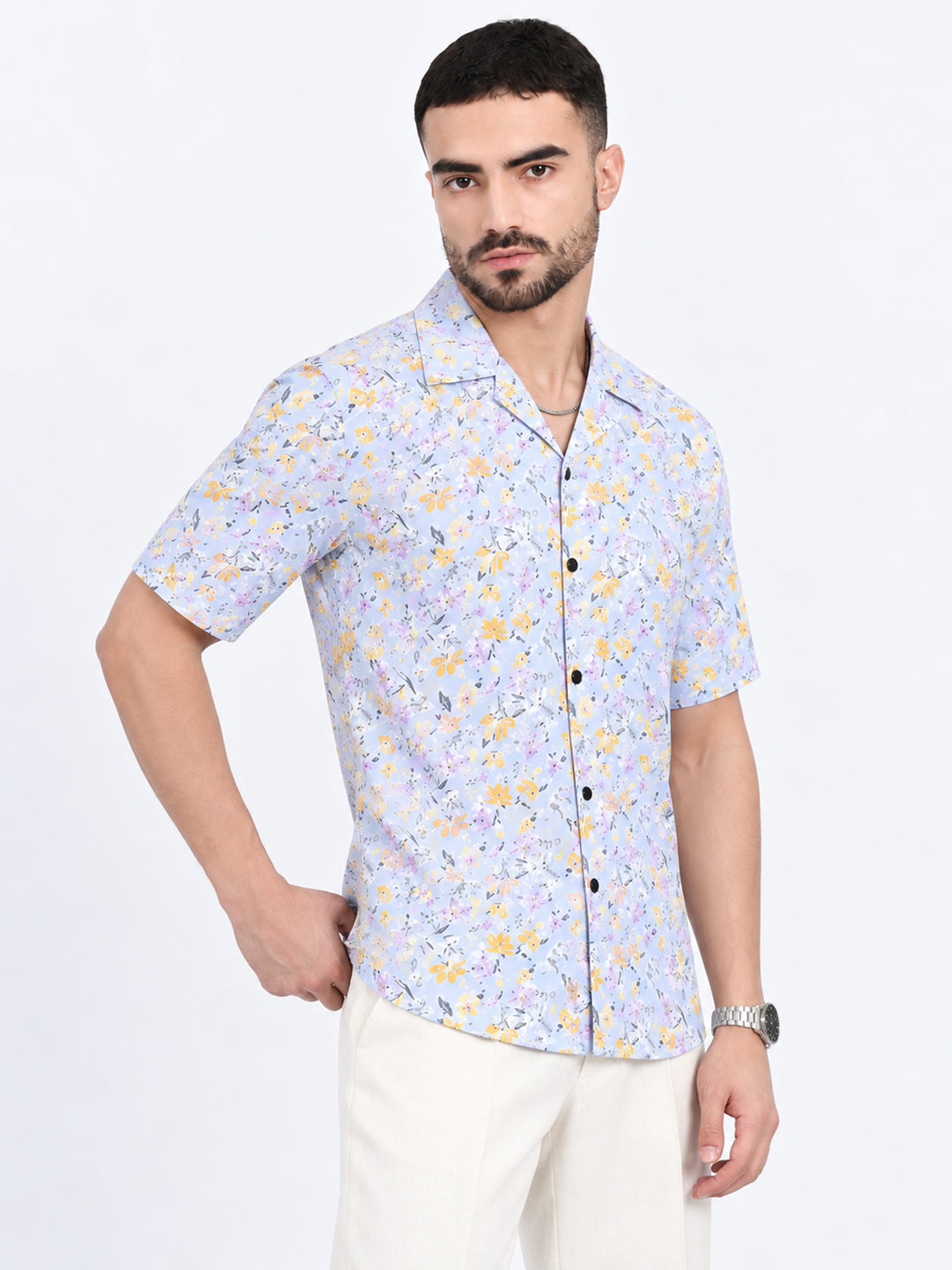 Men’s Floral Printed Blue Short Sleeves Shirt