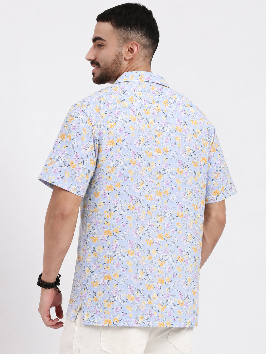 Men’s Floral Printed Blue Short Sleeves Shirt