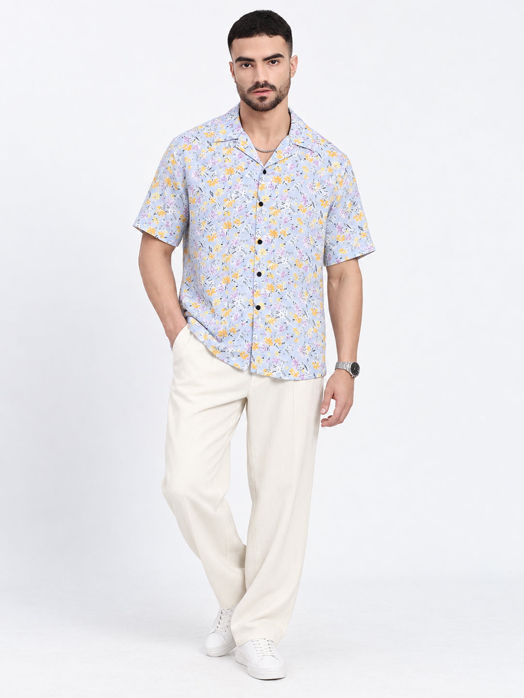 Men’s Floral Printed Blue Short Sleeves Shirt