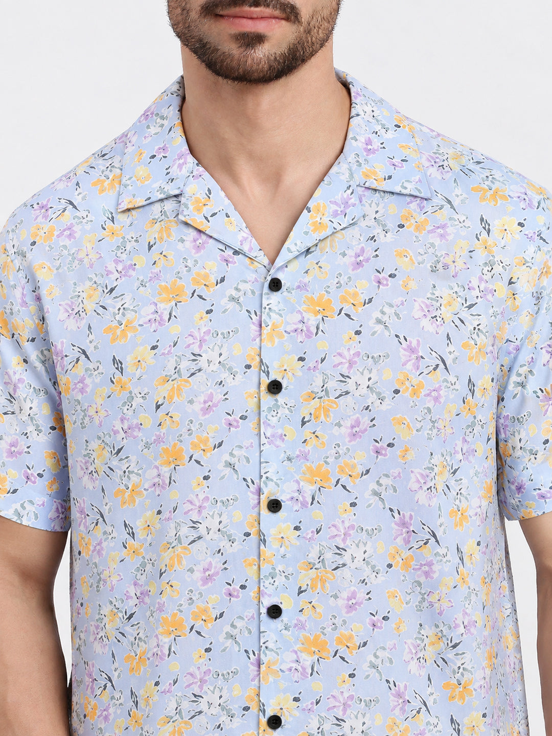 Men’s Floral Printed Blue Short Sleeves Shirt