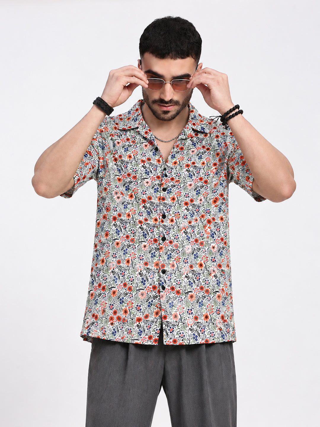 Men’s Floral Printed Blue Short Sleeves Shirt