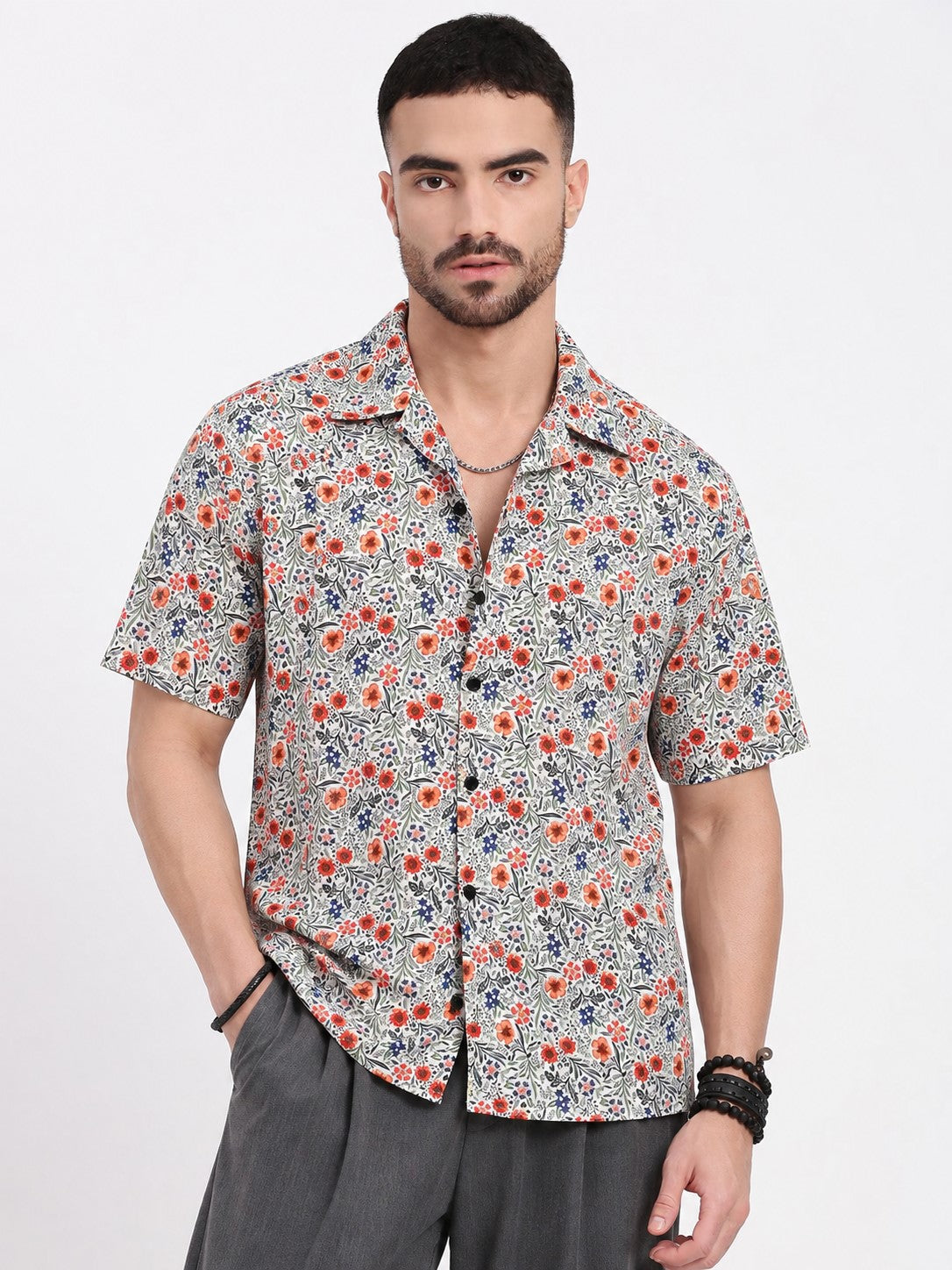 Men’s Floral Printed Blue Short Sleeves Shirt