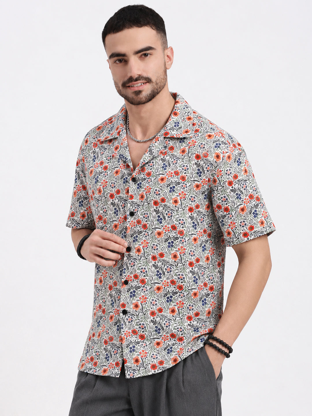 Men’s Floral Printed Blue Short Sleeves Shirt