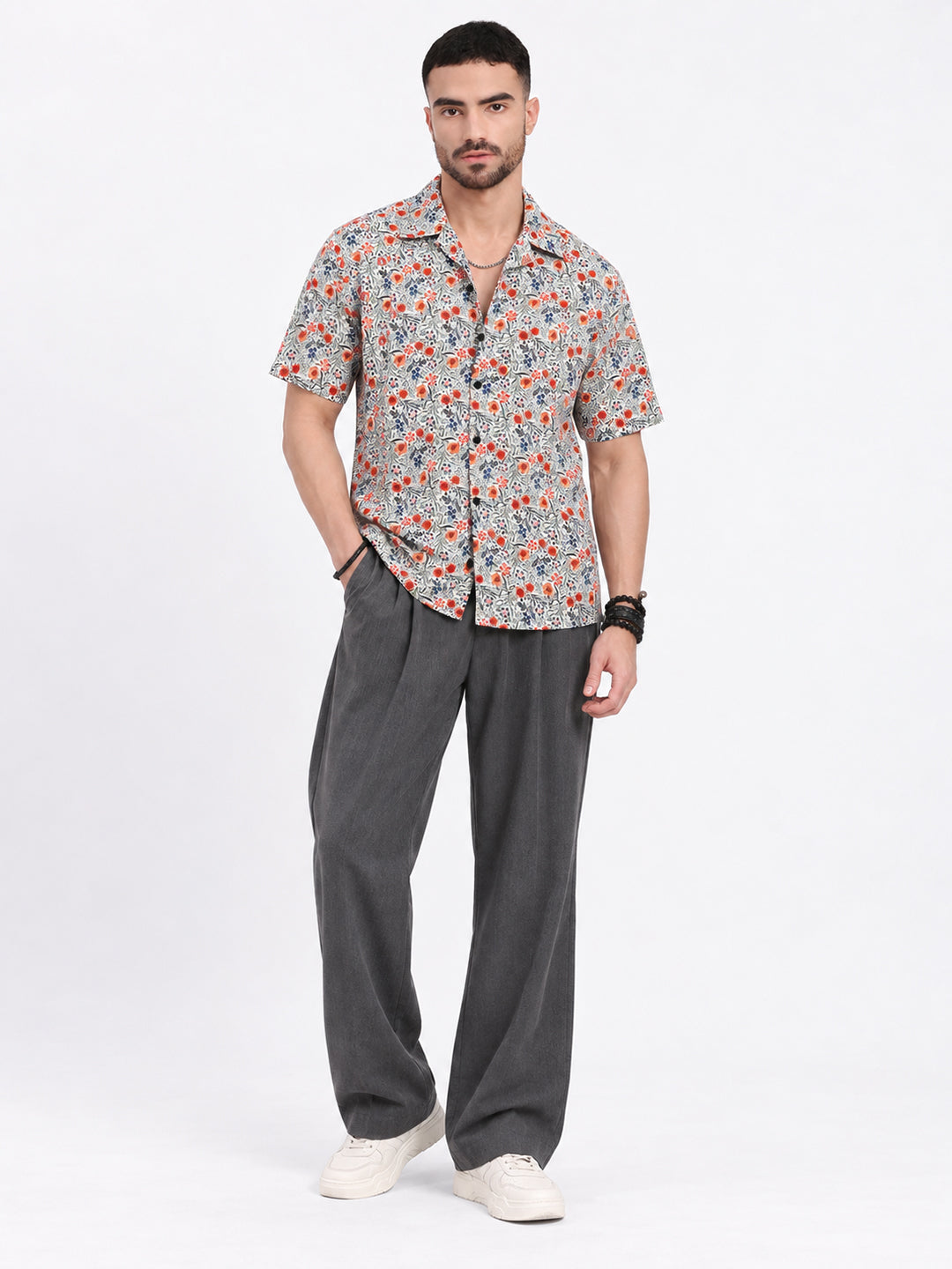 Men’s Floral Printed Blue Short Sleeves Shirt