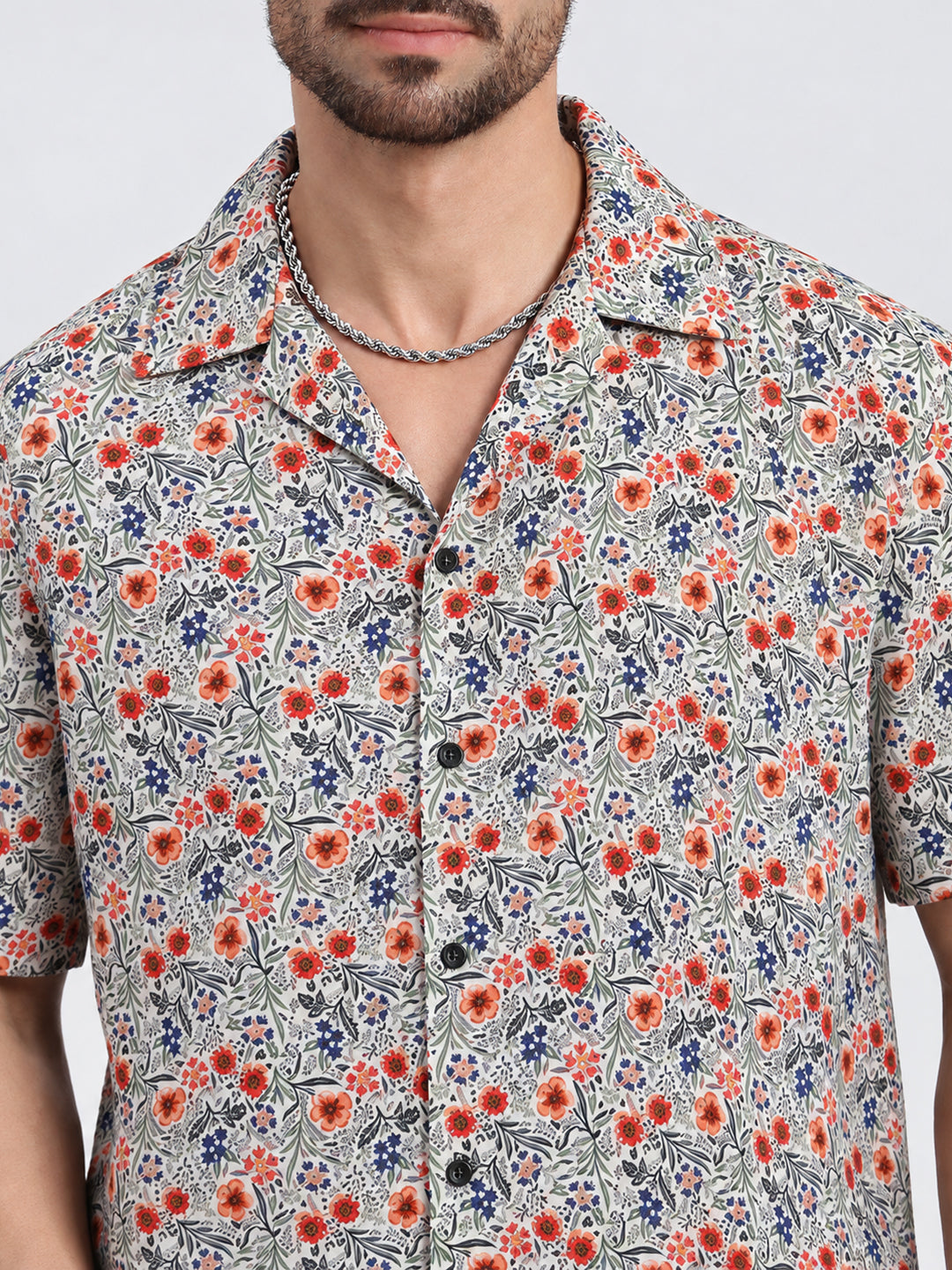 Men’s Floral Printed Blue Short Sleeves Shirt