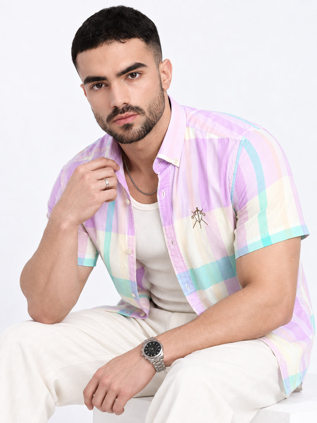 Men’s Checked Lavender Regular Fit Short Sleeve Shirt