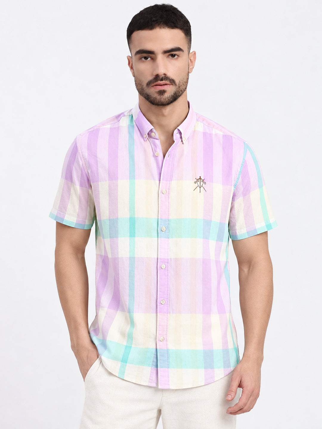 Men’s Checked Lavender Regular Fit Short Sleeve Shirt