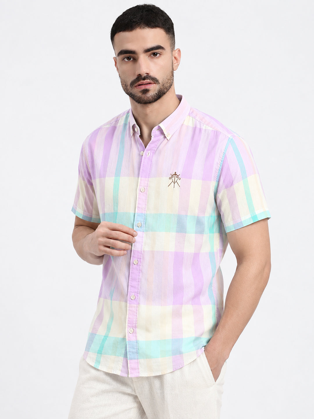 Men’s Checked Lavender Regular Fit Short Sleeve Shirt