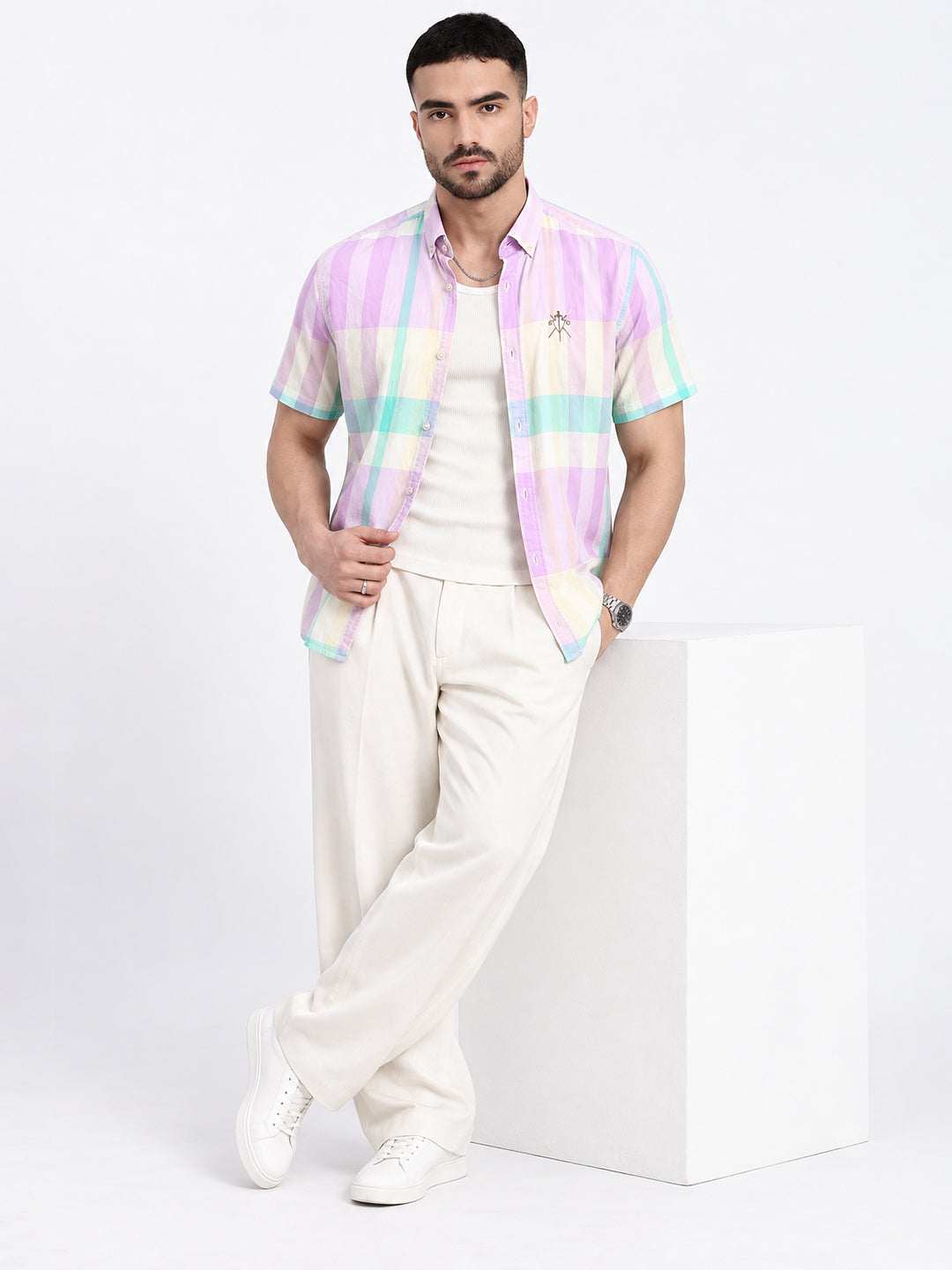 Men’s Checked Lavender Regular Fit Short Sleeve Shirt