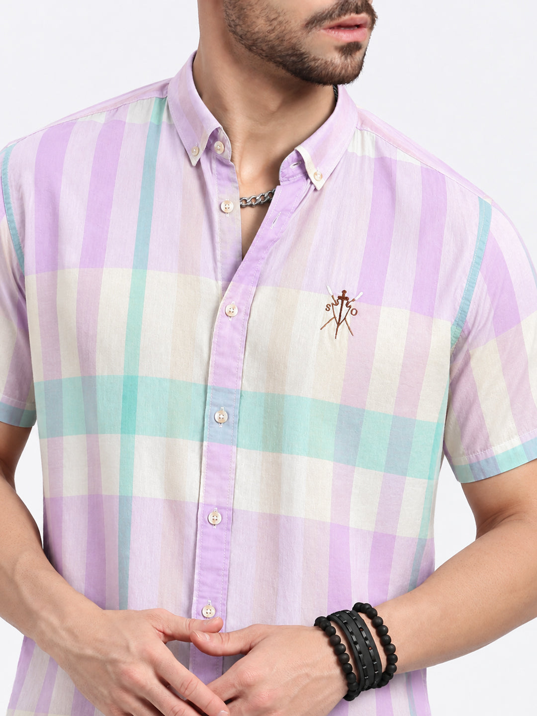 Men’s Checked Lavender Regular Fit Short Sleeve Shirt