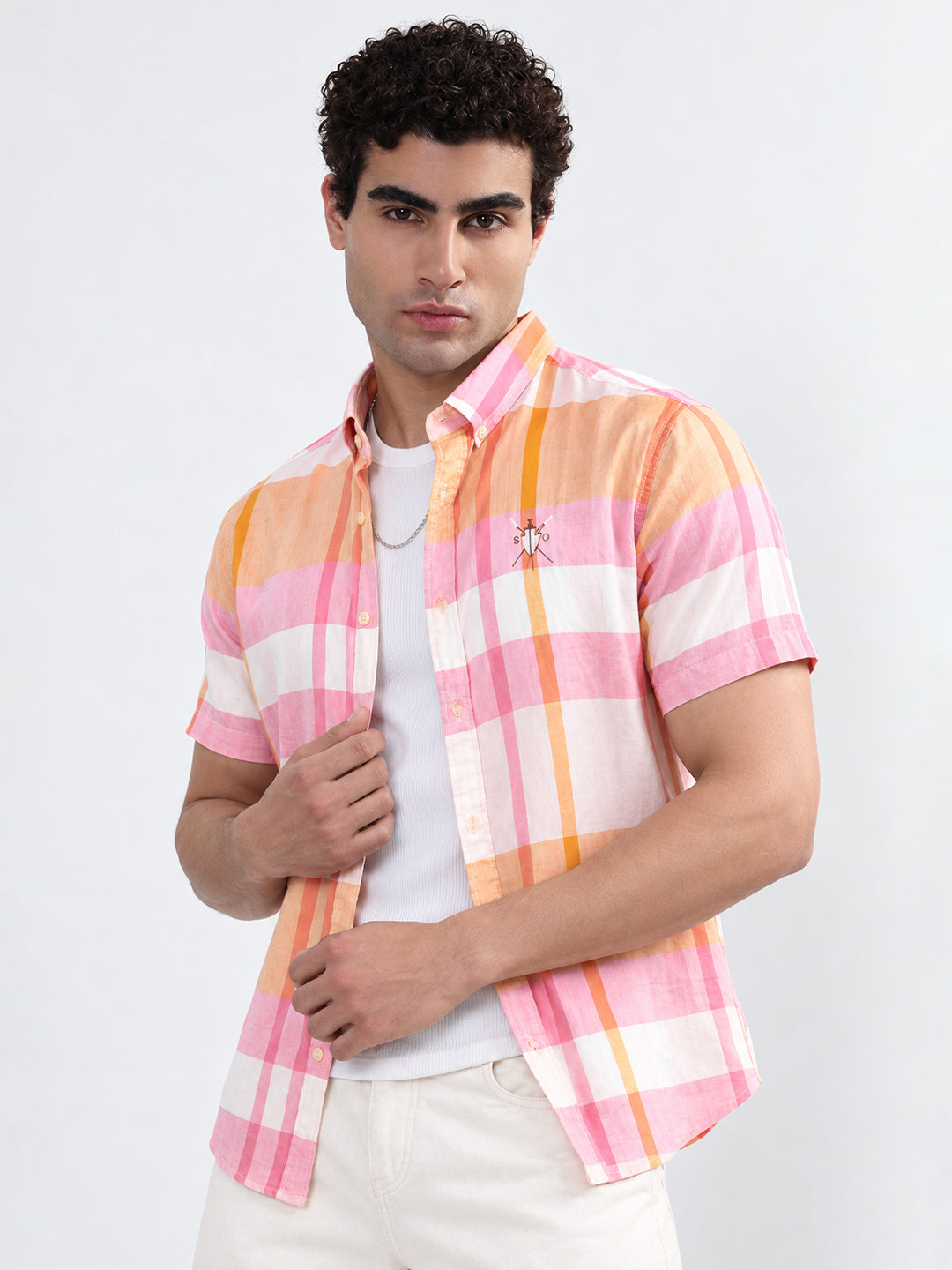 Men’s Checked Orange Regular Fit Short Sleeve Shirt
