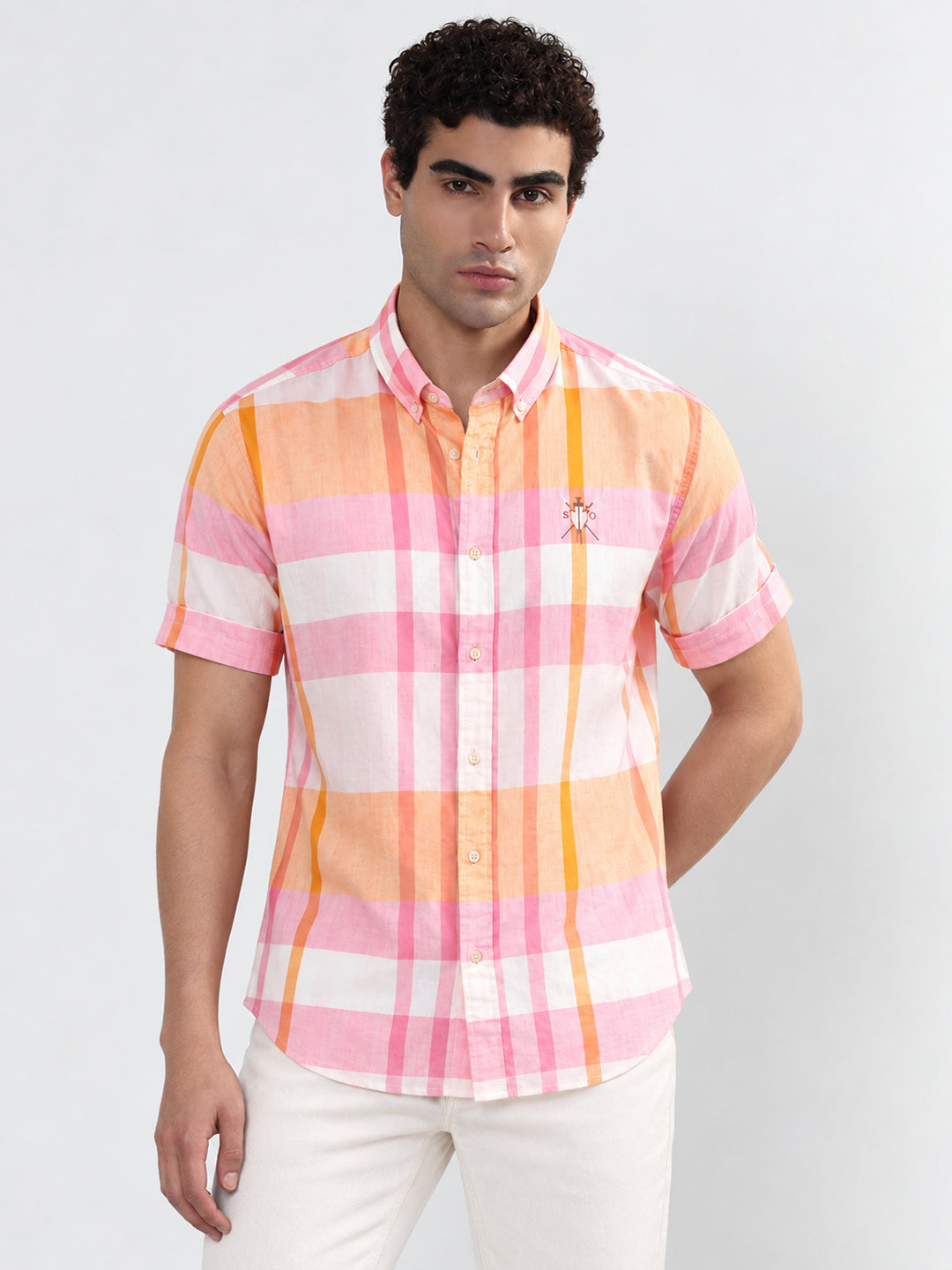 Men’s Checked Orange Regular Fit Short Sleeve Shirt
