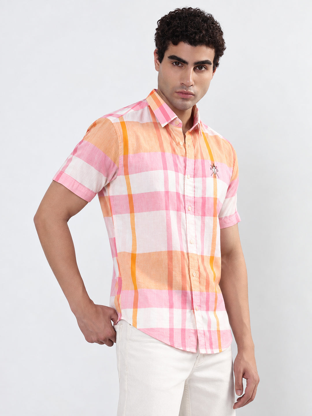 Men’s Checked Orange Regular Fit Short Sleeve Shirt