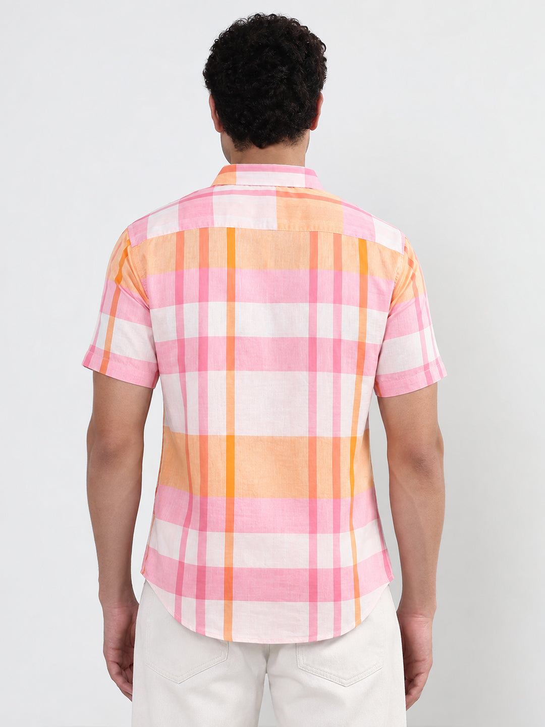 Men’s Checked Orange Regular Fit Short Sleeve Shirt