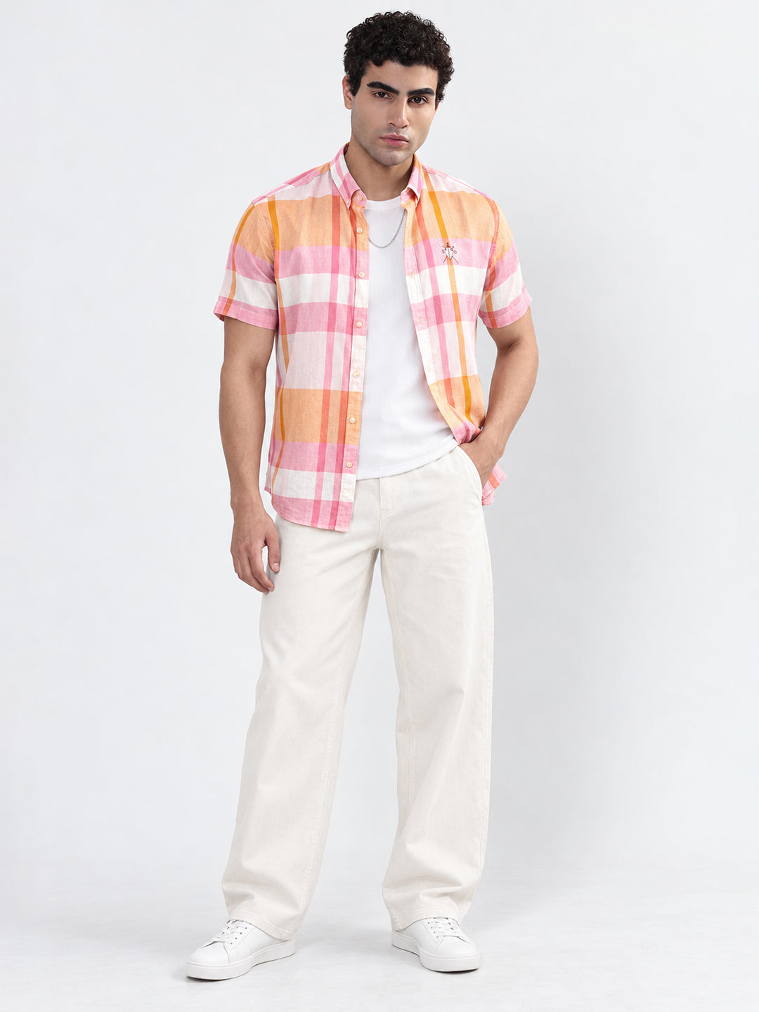 Men’s Checked Orange Regular Fit Short Sleeve Shirt