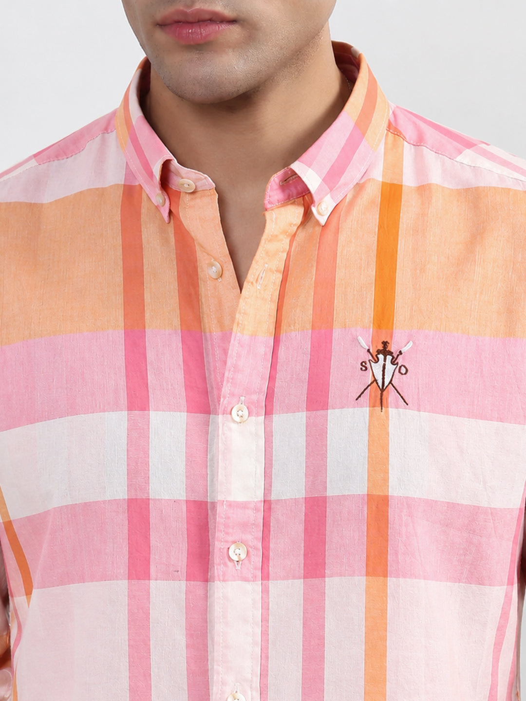 Men’s Checked Orange Regular Fit Short Sleeve Shirt