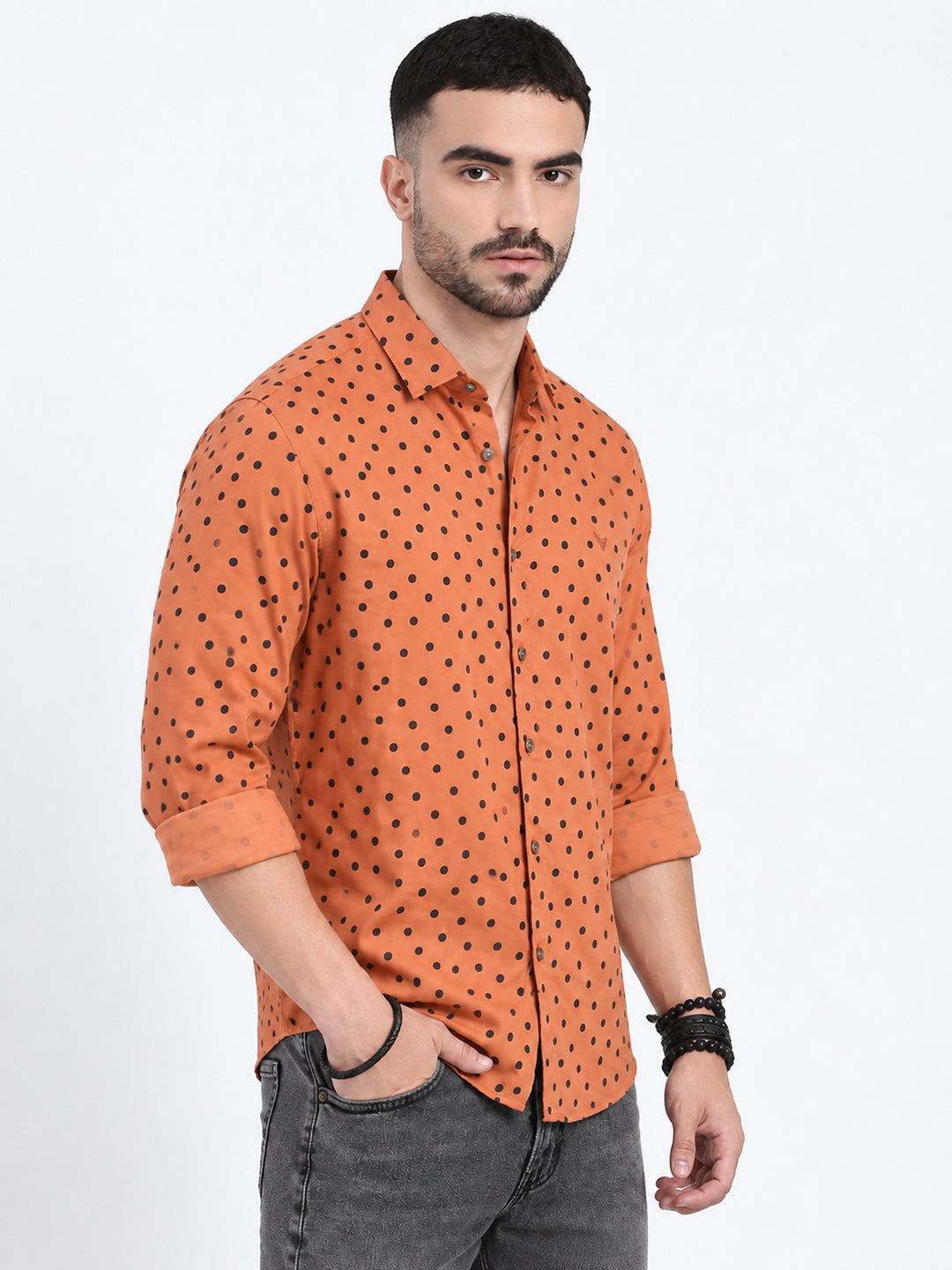 Men’s Polka Dot Print Orange Slim Fit Long Sleeves Casual Shirt