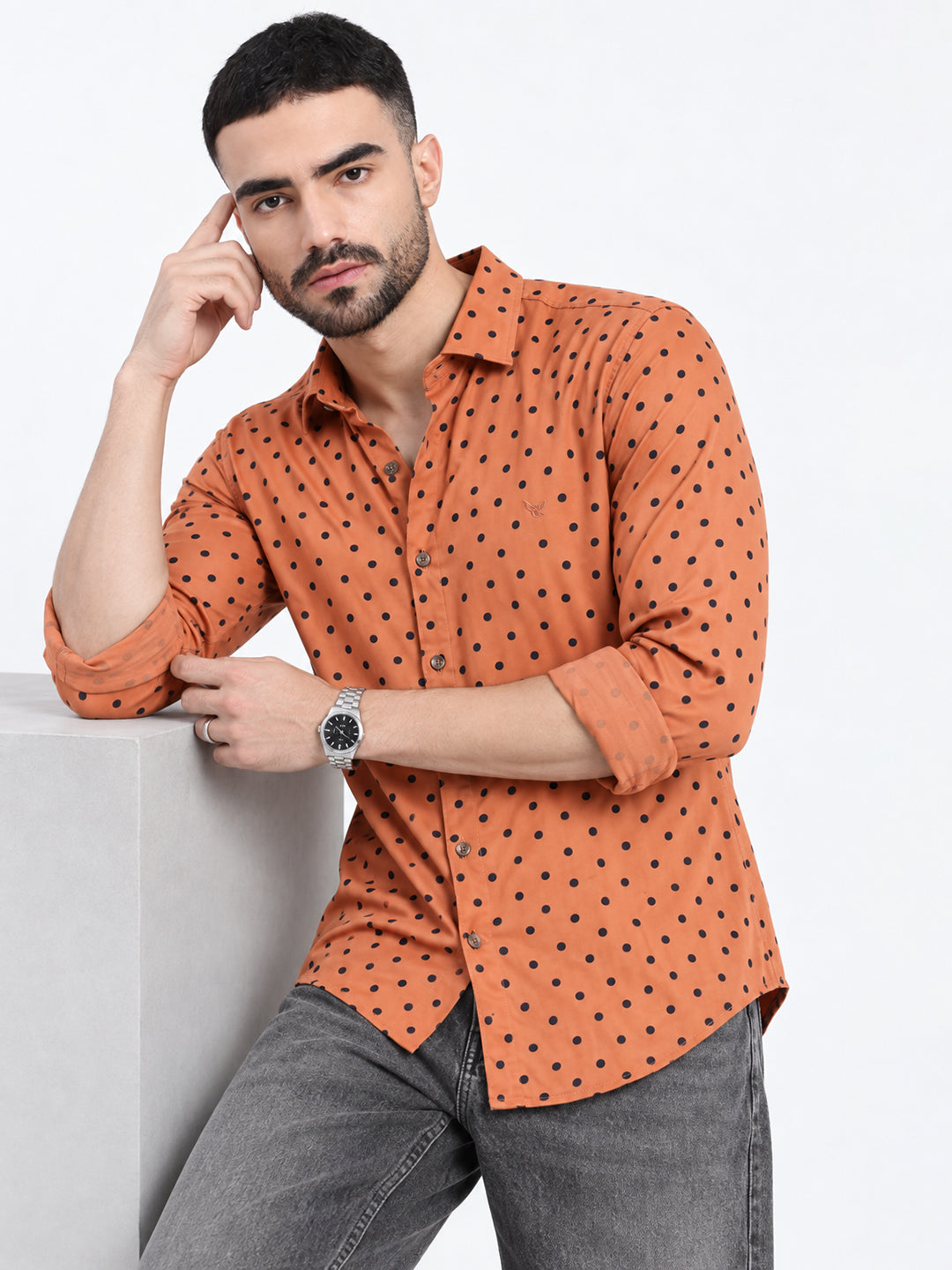 Men’s Polka Dot Print Orange Slim Fit Long Sleeves Casual Shirt