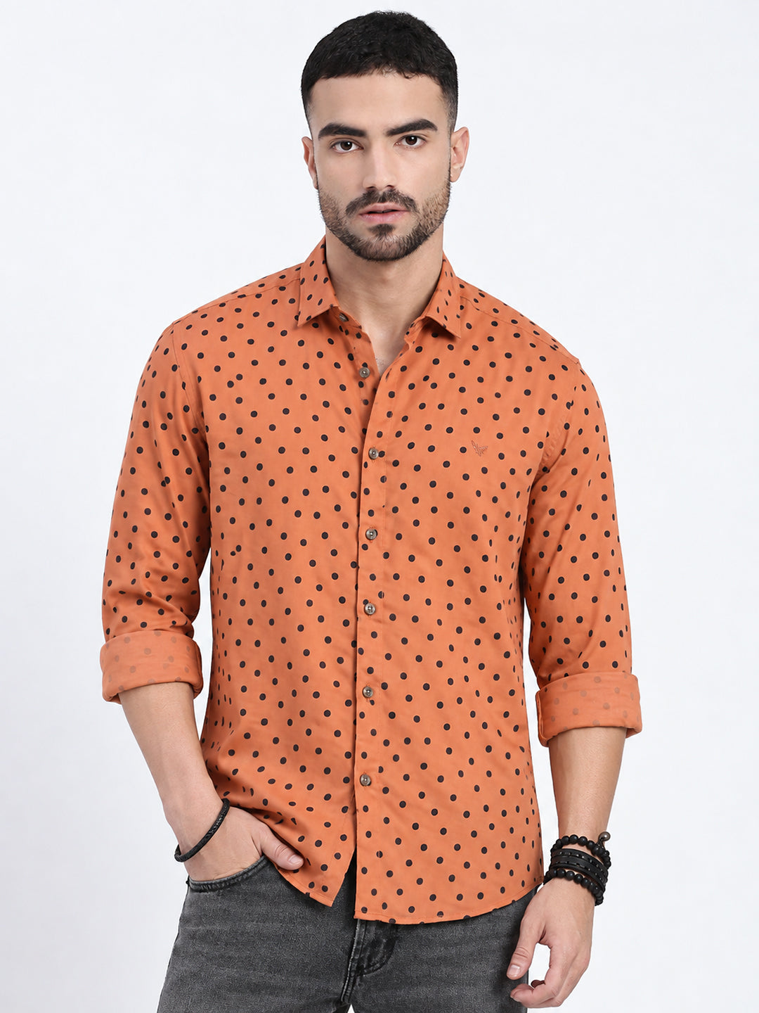 Men’s Polka Dot Print Orange Slim Fit Long Sleeves Casual Shirt