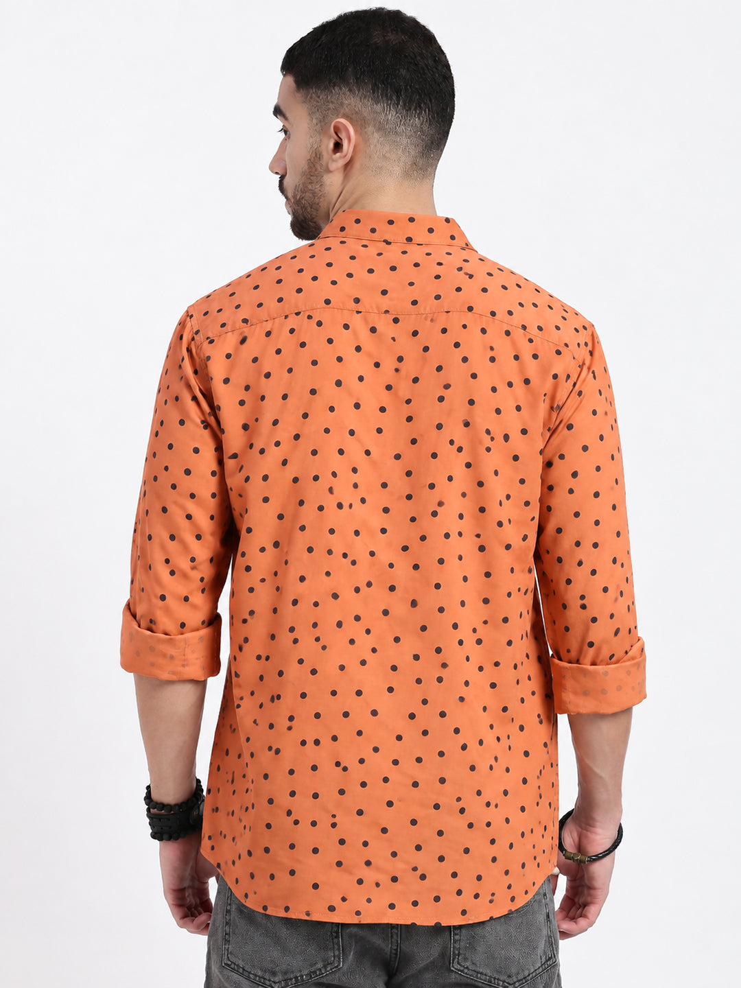 Men’s Polka Dot Print Orange Slim Fit Long Sleeves Casual Shirt