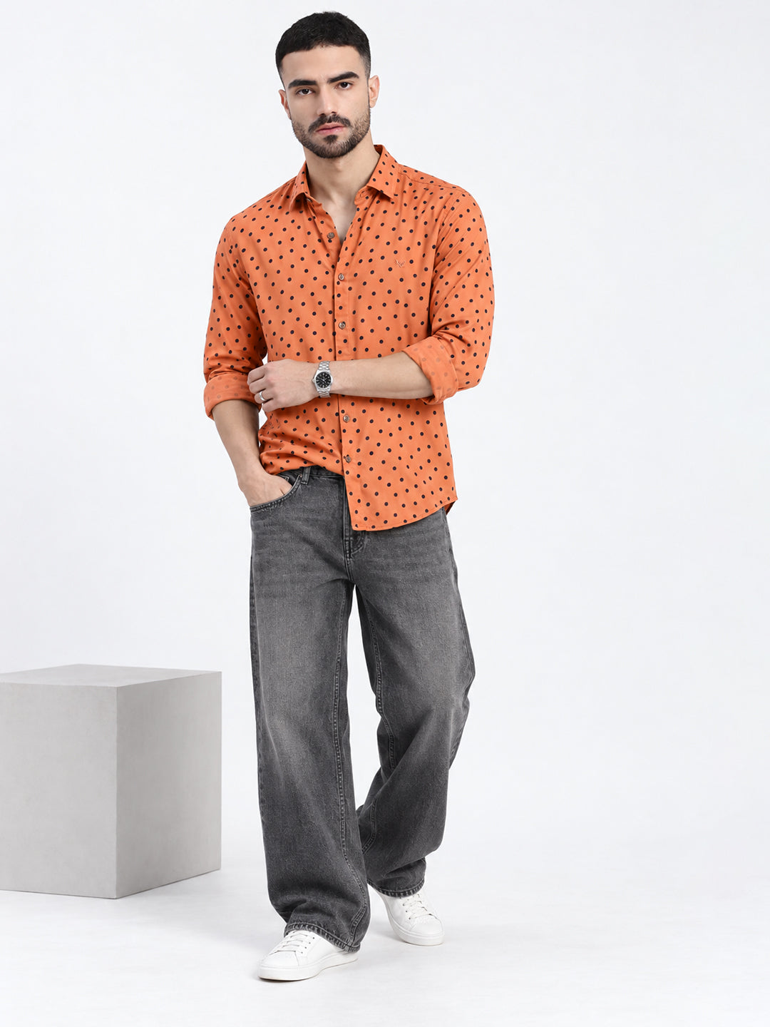 Men’s Polka Dot Print Orange Slim Fit Long Sleeves Casual Shirt