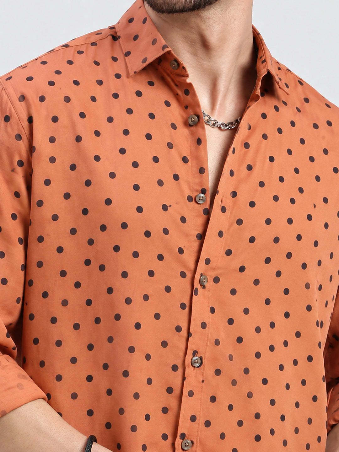 Men’s Polka Dot Print Orange Slim Fit Long Sleeves Casual Shirt
