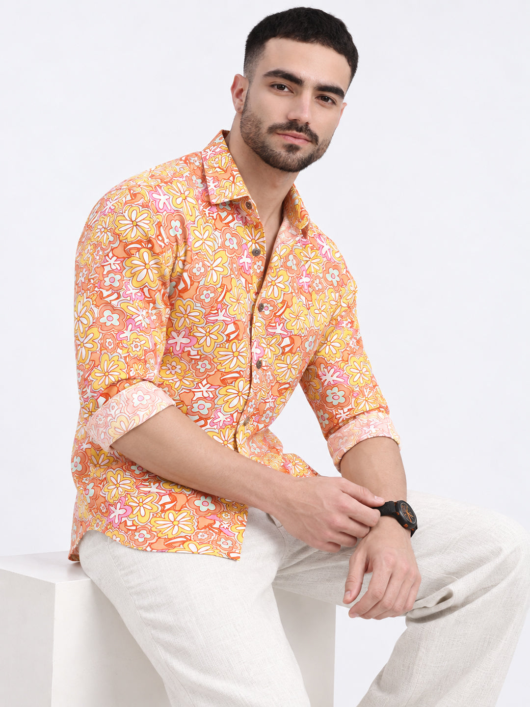 Men’s Floral Print Orange Slim Fit Long Sleeves Casual Shirt