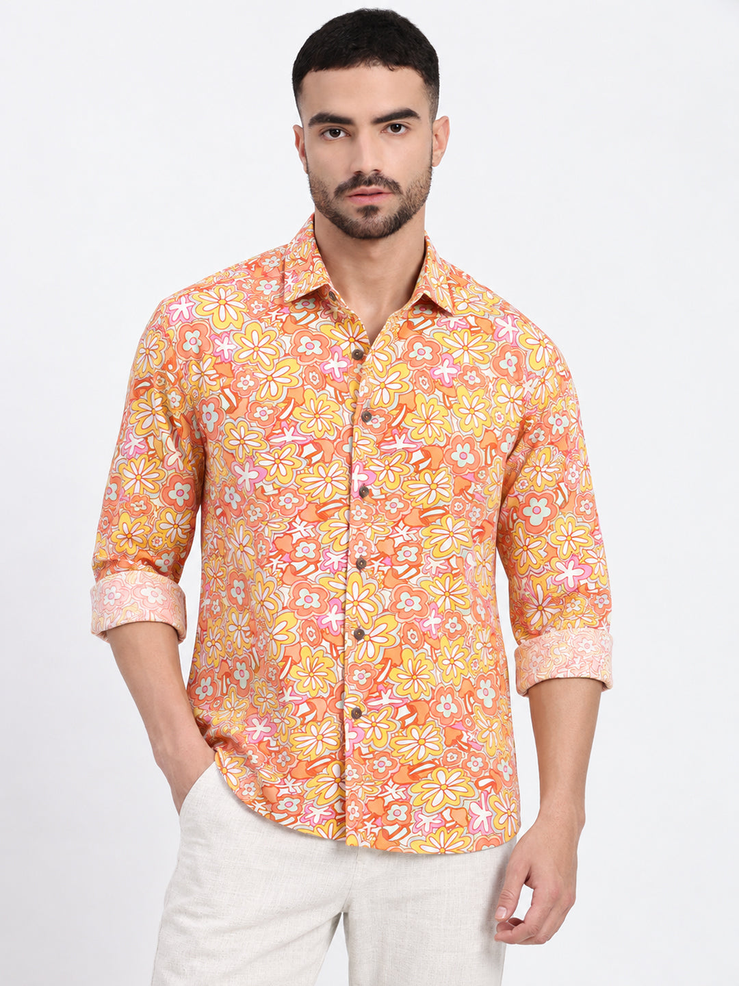 Men’s Floral Print Orange Slim Fit Long Sleeves Casual Shirt