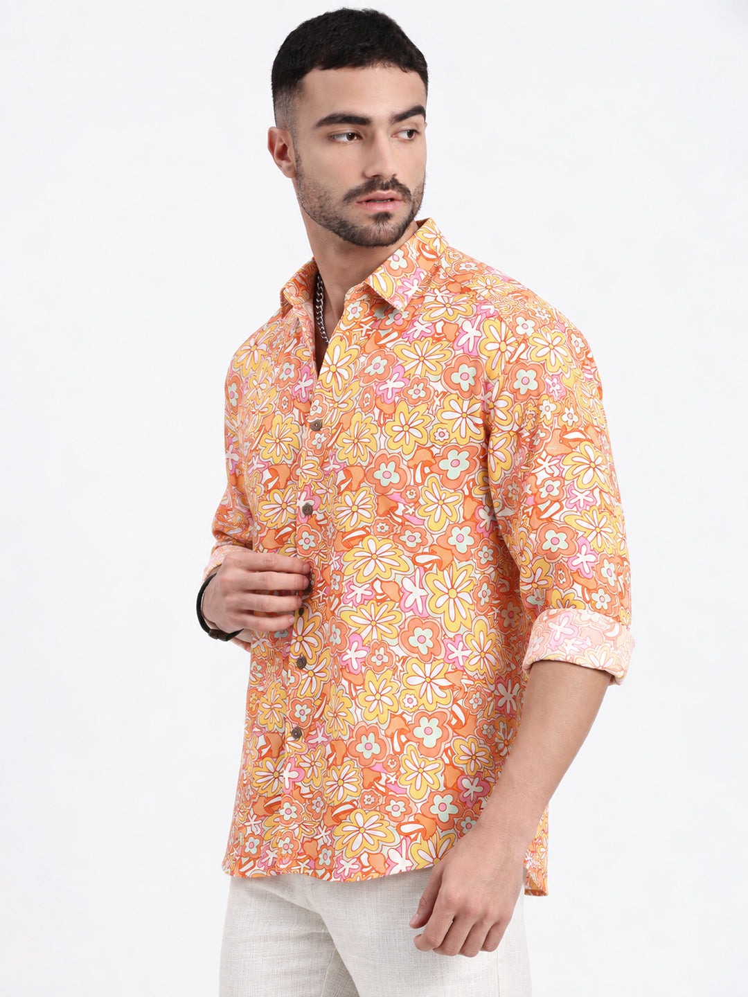 Men’s Floral Print Orange Slim Fit Long Sleeves Casual Shirt