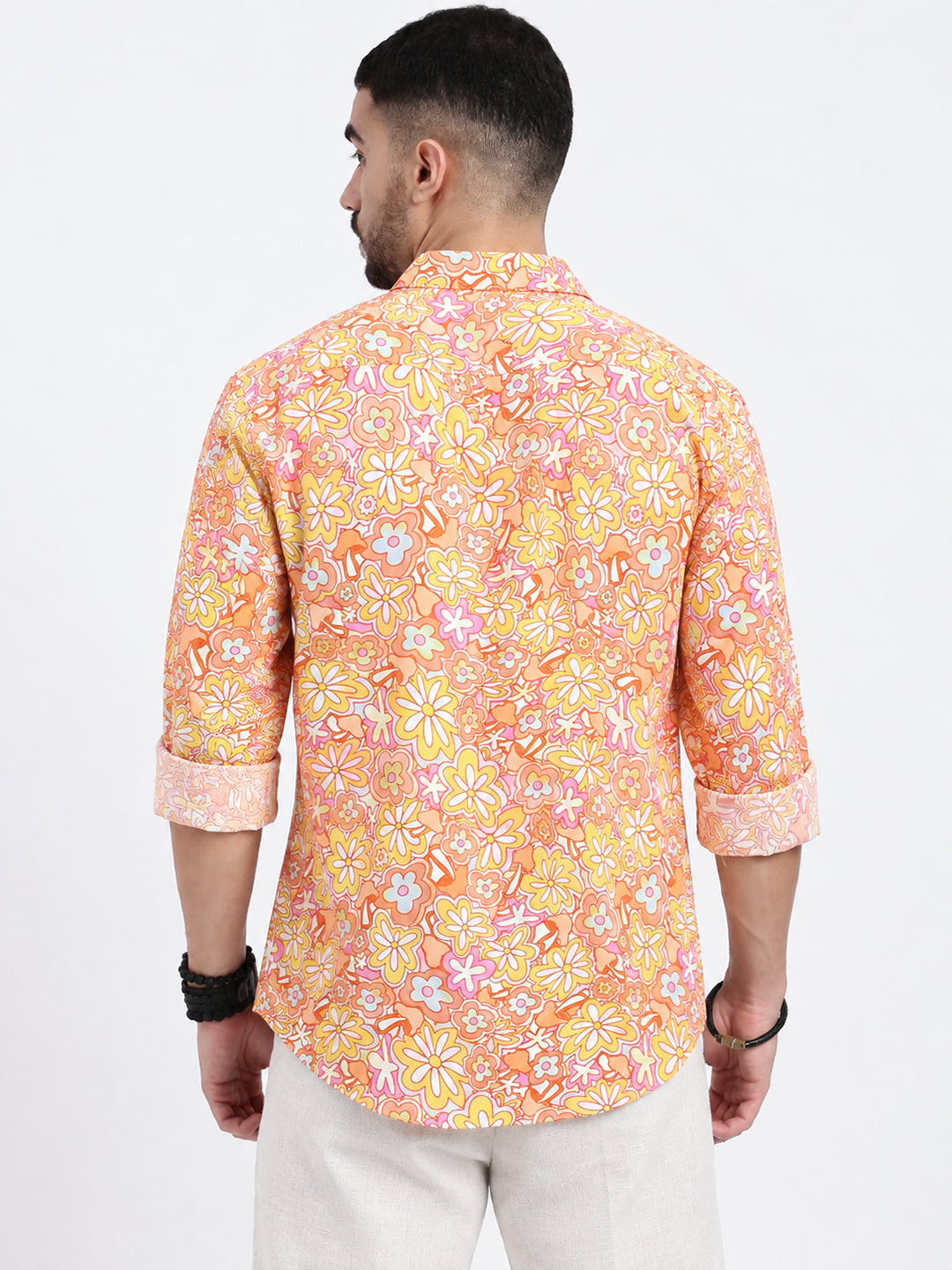 Men’s Floral Print Orange Slim Fit Long Sleeves Casual Shirt