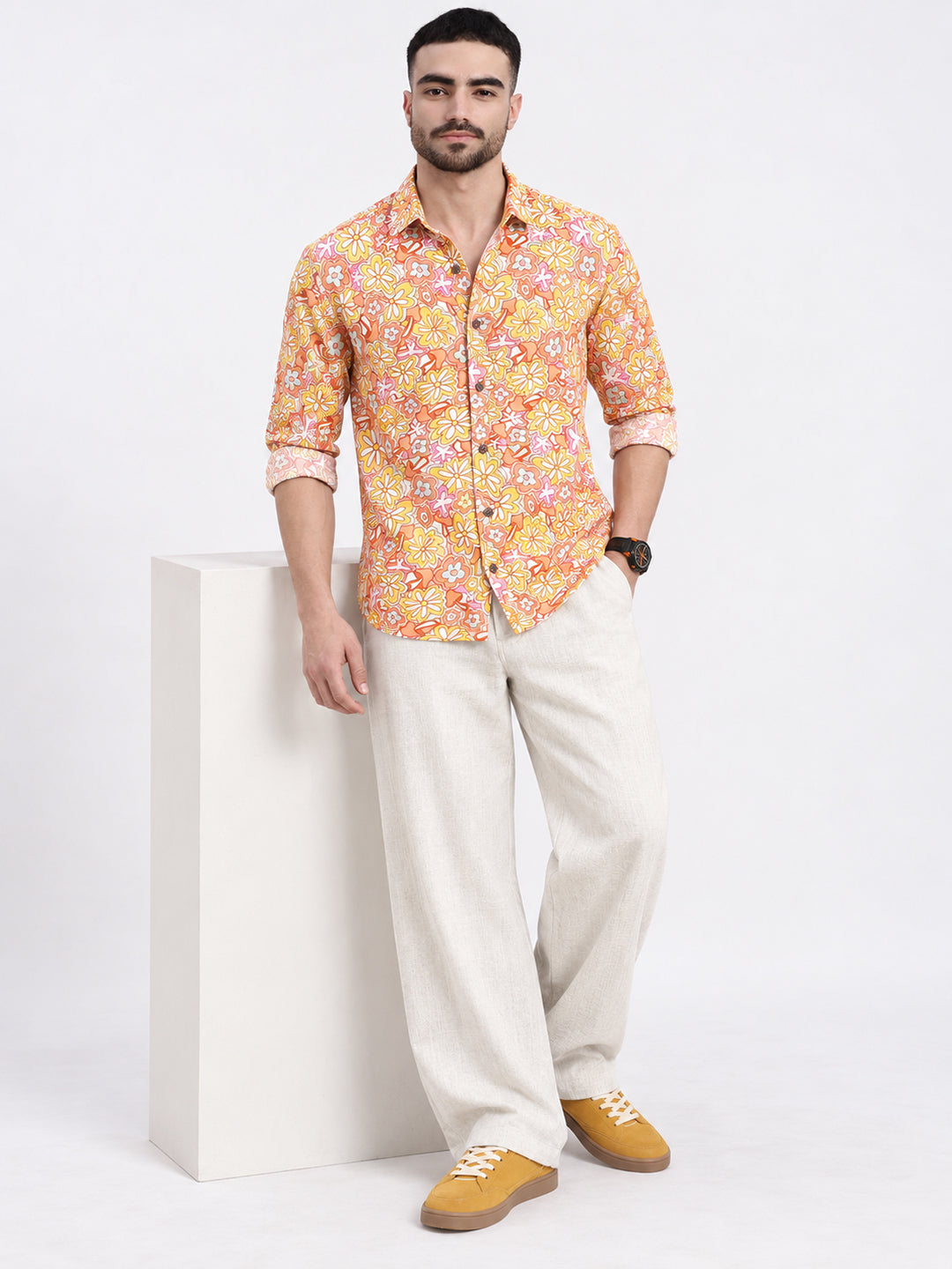 Men’s Floral Print Orange Slim Fit Long Sleeves Casual Shirt