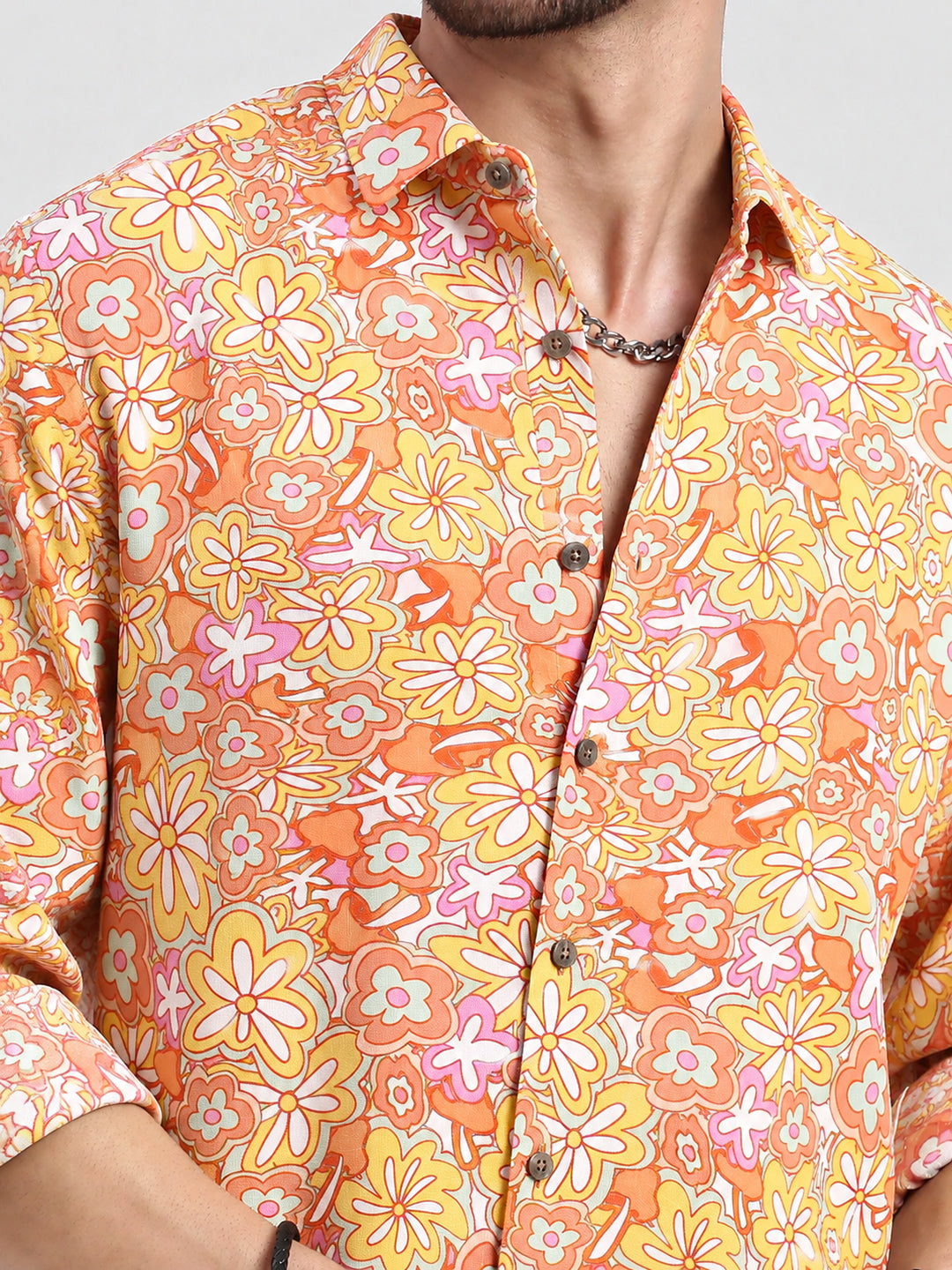 Men’s Floral Print Orange Slim Fit Long Sleeves Casual Shirt
