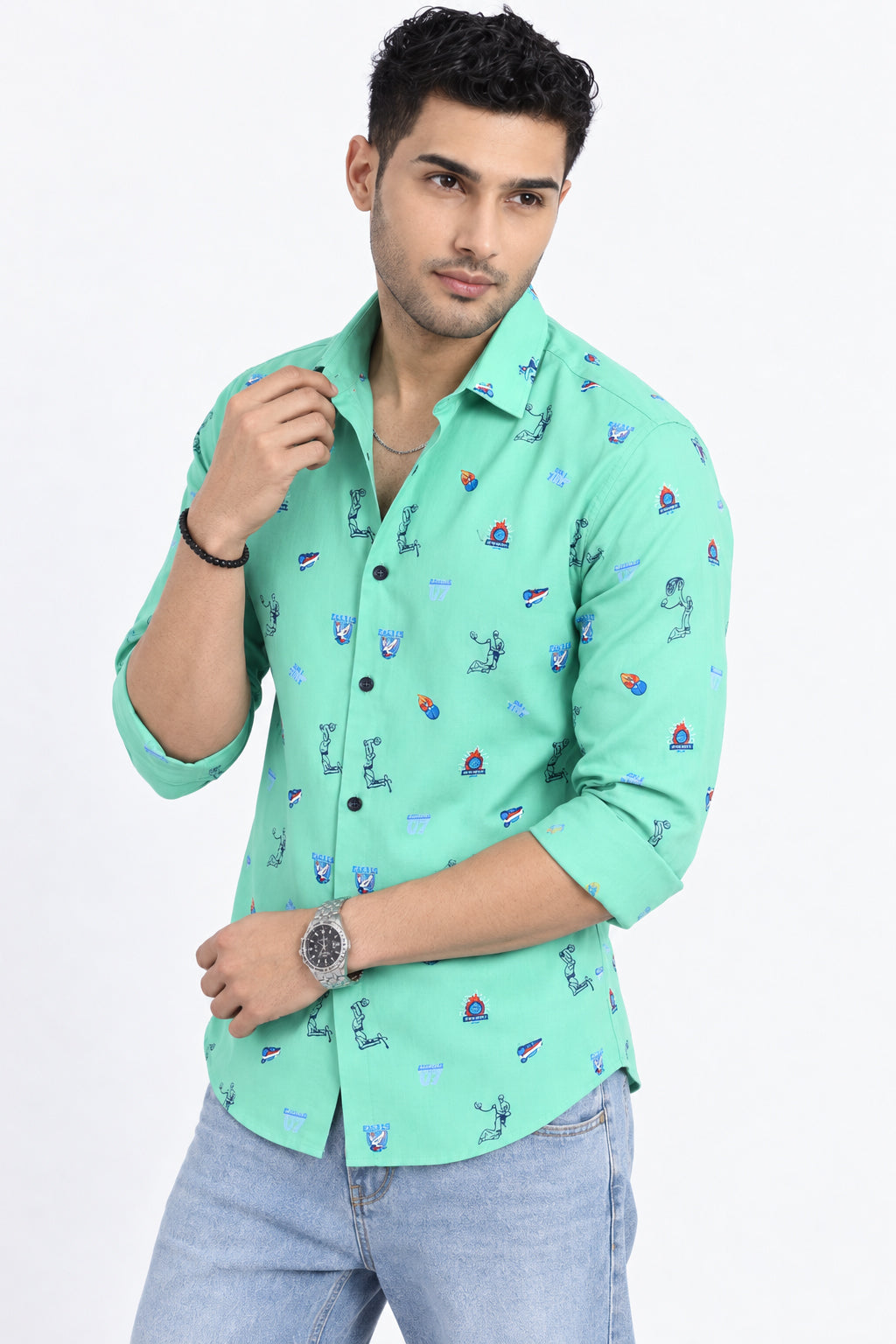 Men’s Graphic Printed Green Slim Fit Long Sleeves Casual Shirt