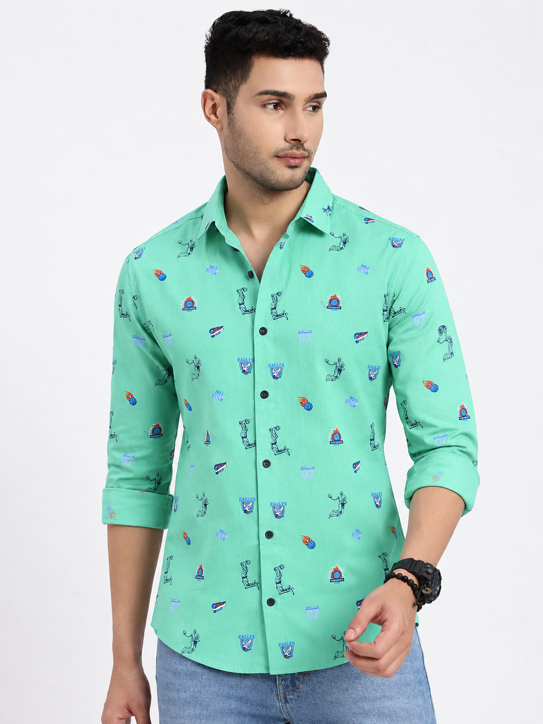 Men’s Graphic Printed Green Slim Fit Long Sleeves Casual Shirt