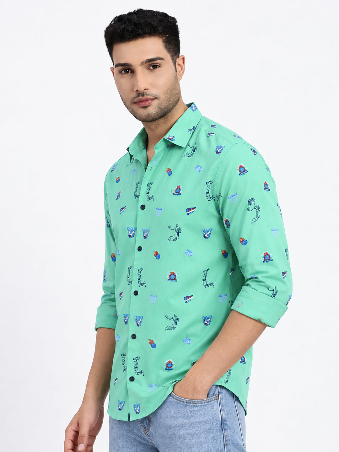 Men’s Graphic Printed Green Slim Fit Long Sleeves Casual Shirt