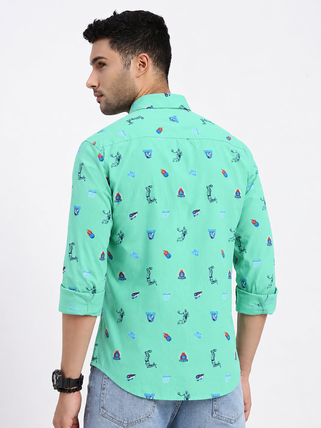 Men’s Graphic Printed Green Slim Fit Long Sleeves Casual Shirt