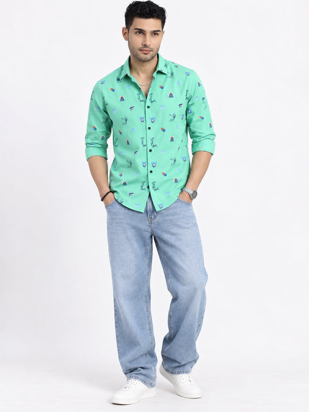 Men’s Graphic Printed Green Slim Fit Long Sleeves Casual Shirt