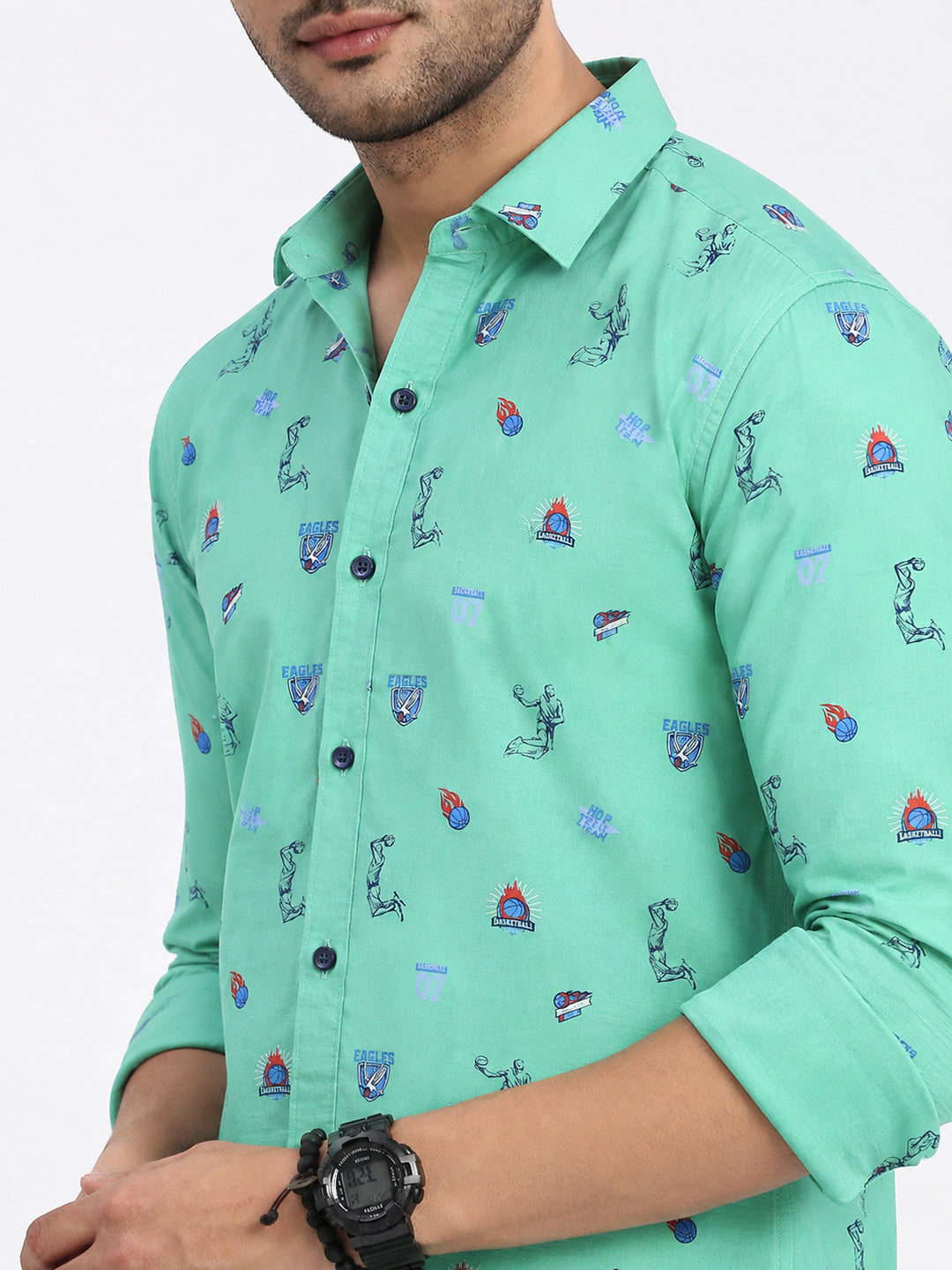 Men’s Graphic Printed Green Slim Fit Long Sleeves Casual Shirt