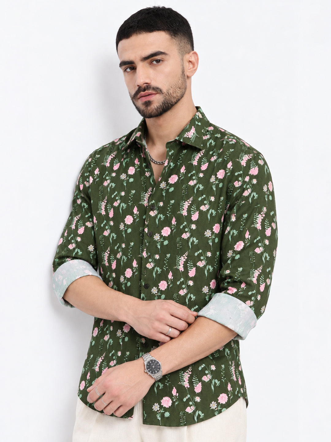 Men’s Floral Printed Olive Slim Fit Long Sleeve Casual Shirt