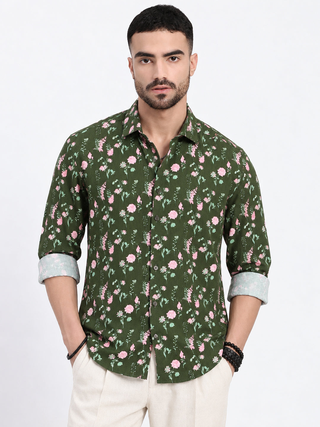 Men’s Floral Printed Olive Slim Fit Long Sleeve Casual Shirt
