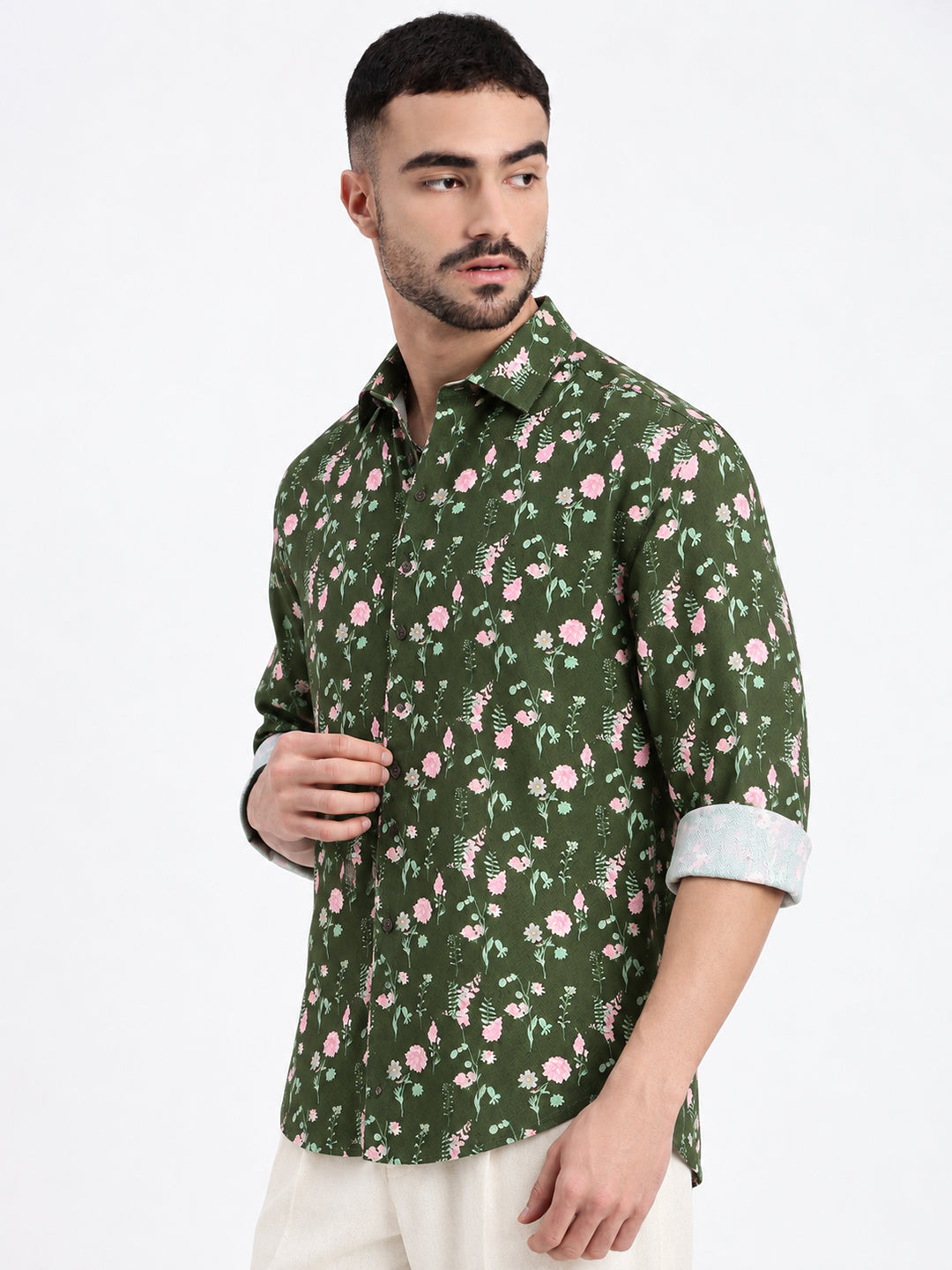 Men’s Floral Printed Olive Slim Fit Long Sleeve Casual Shirt