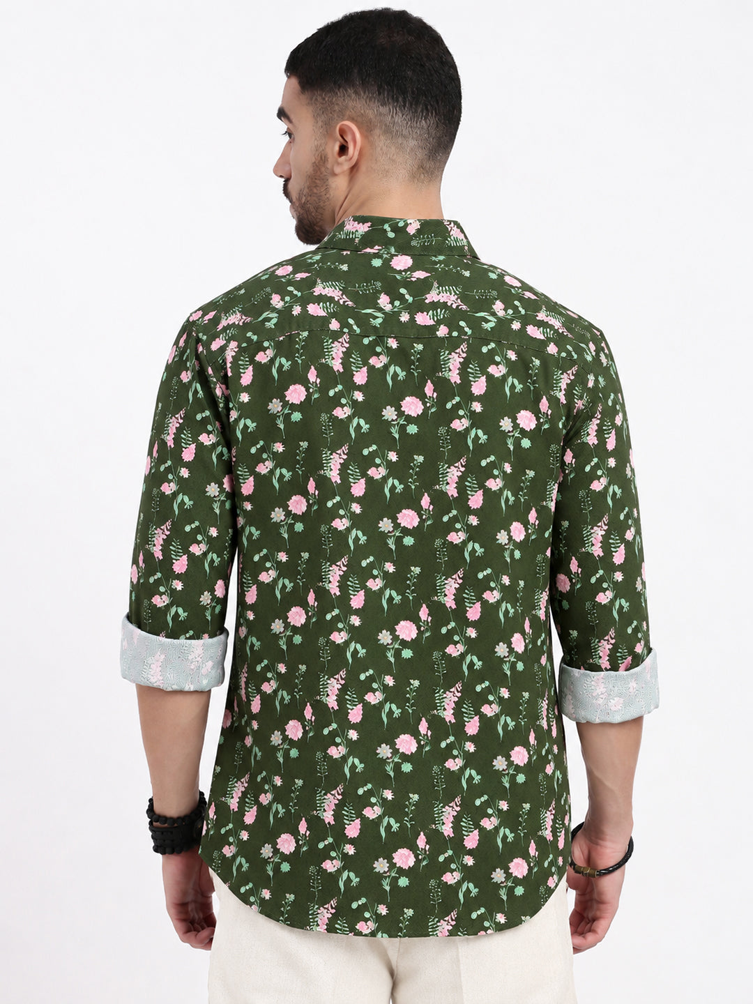 Men’s Floral Printed Olive Slim Fit Long Sleeve Casual Shirt