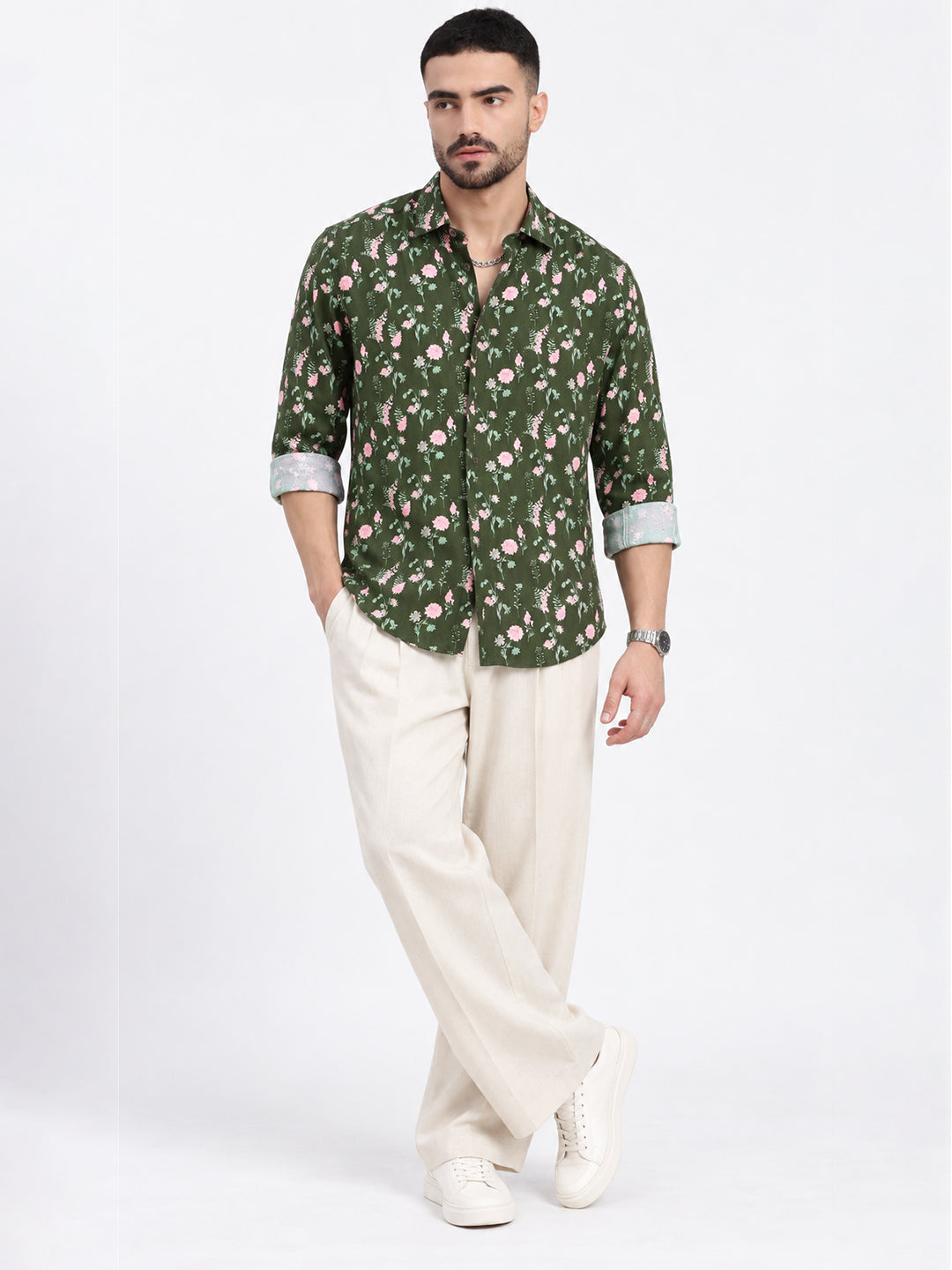 Men’s Floral Printed Olive Slim Fit Long Sleeve Casual Shirt
