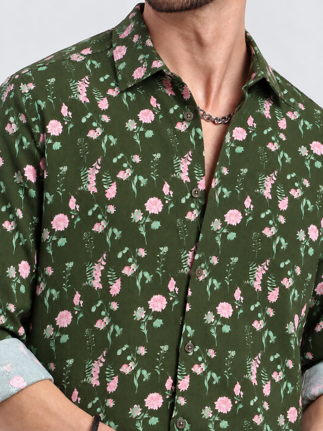 Men’s Floral Printed Olive Slim Fit Long Sleeve Casual Shirt