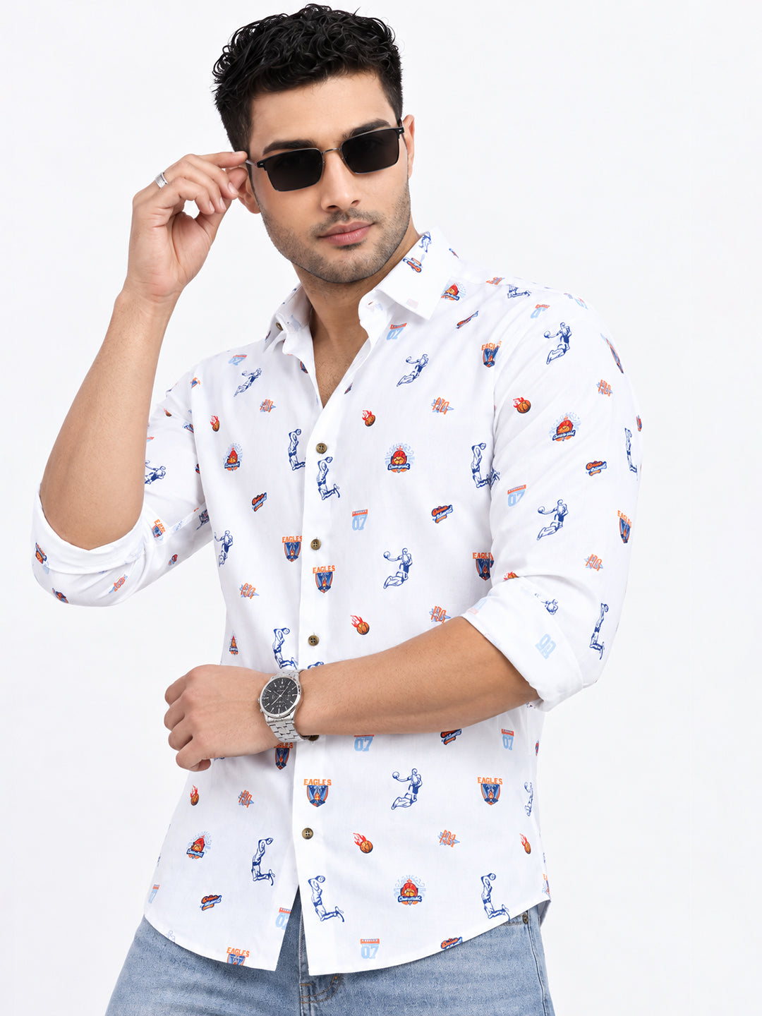 Men’s Graphic Printed White Slim Fit Long Sleeves Casual Shirt